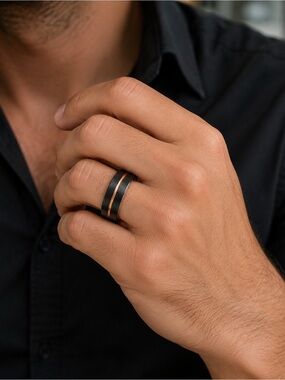 8mm Black Grooved rose Gold Wedding Band